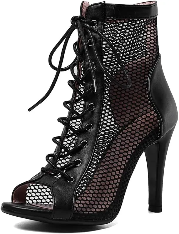 Women's Mesh Stitched Leather Cross Lacing Tall Ballroom Shoes Latin Salsa Jazz Performence Shoes,Model K92