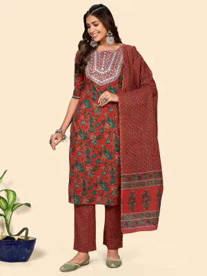 Women'S Print & Gota Patti Straight Cotton Red Stitched Kurta Pant With Dupatta
